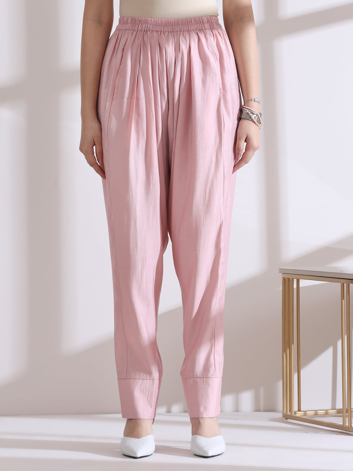 Dhiyona ST Women's Pink Kurta with White Flowers and Pants 2 Piece Set | A-Line, Round Neck, 3/4 Sleeves, Casual Wear, (AirSkin Cotton Silk Blend)