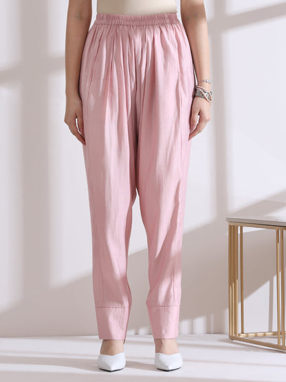 Dhiyona ST Women's Pink Kurta with White Flowers and Pants 2 Piece Set | A-Line, Round Neck, 3/4 Sleeves, Casual Wear, (AirSkin Cotton Silk Blend)