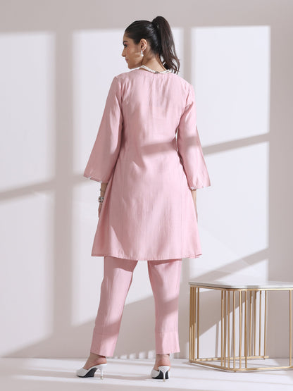 Dhiyona ST Women's Pink Kurta with White Flowers and Pants 2 Piece Set | A-Line, Round Neck, 3/4 Sleeves, Casual Wear, (AirSkin Cotton Silk Blend)