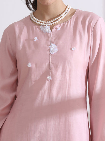Dhiyona ST Women's Pink Kurta with White Flowers and Pants 2 Piece Set | A-Line, Round Neck, 3/4 Sleeves, Casual Wear, (AirSkin Cotton Silk Blend)