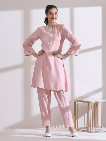 Dhiyona ST Women's Pink Kurta with White Flowers and Pants 2 Piece Set | A-Line, Round Neck, 3/4 Sleeves, Casual Wear, (AirSkin Cotton Silk Blend)