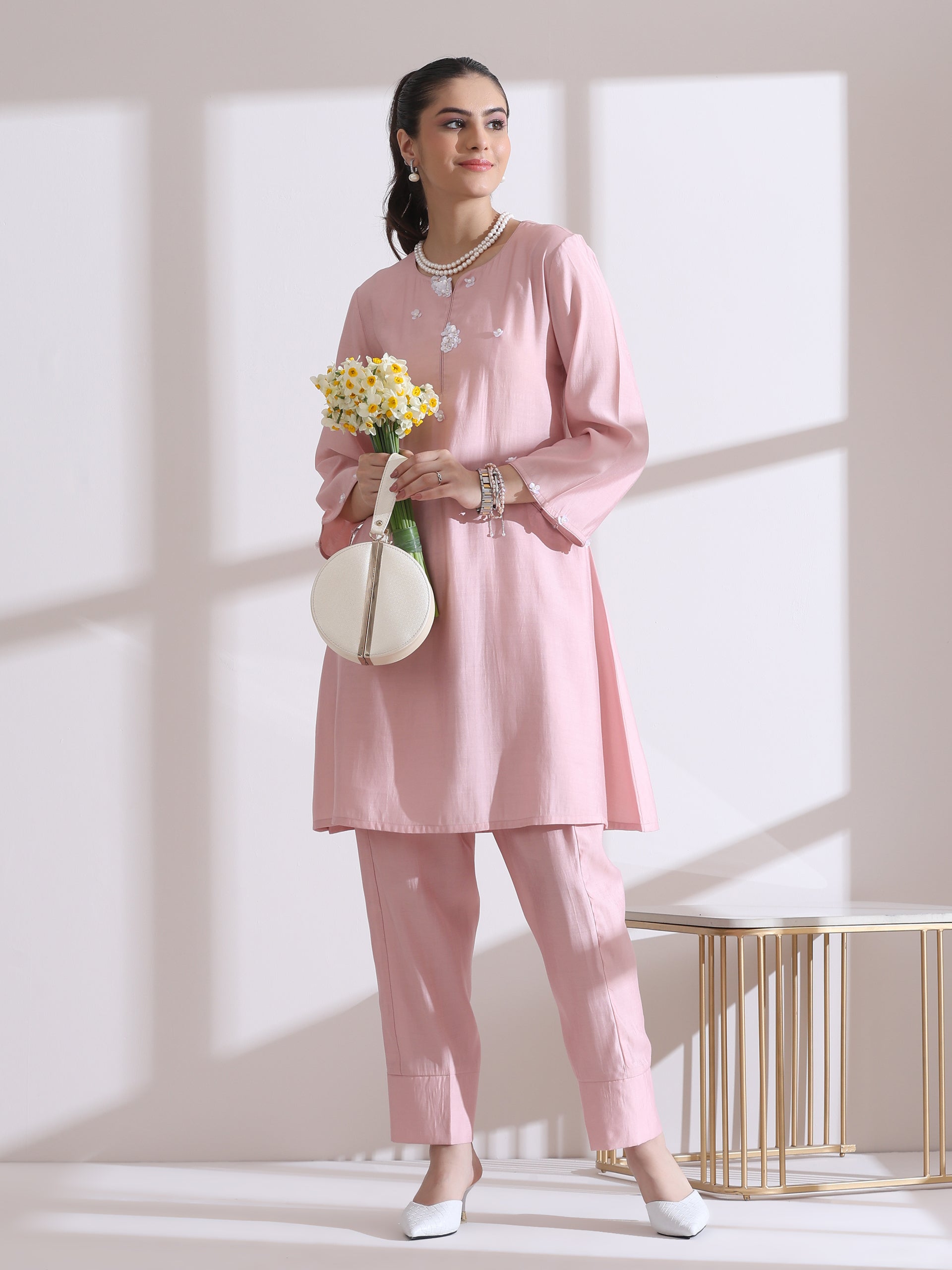 Dhiyona ST Women's Pink Kurta with White Flowers and Pants 2 Piece Set | A-Line, Round Neck, 3/4 Sleeves, Casual Wear, (AirSkin Cotton Silk Blend)