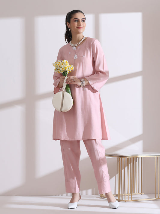 Dhiyona ST Women's Pink Kurta with White Flowers and Pants 2 Piece Set | A-Line, Round Neck, 3/4 Sleeves, Casual Wear, (AirSkin Cotton Silk Blend)