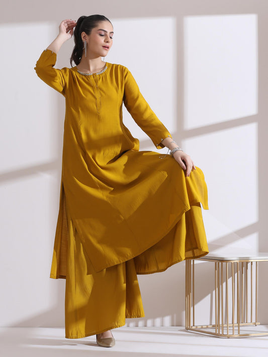 Dhiyona ST Women's Mustard Beaded Kurta with Palazzo 2 Piece Set | Straight Fit, Round Neck, 3/4 Sleeves, Festive Wear, (AirSkin Cotton Silk Blend)