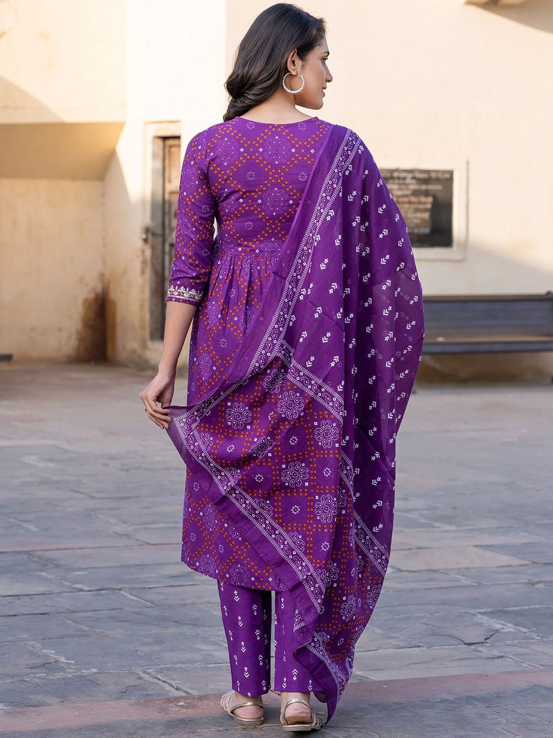 Dhiyona KL Bandhani Printed Thread Work Pure Cotton A-Line Kurta With Trouser & Dupatta