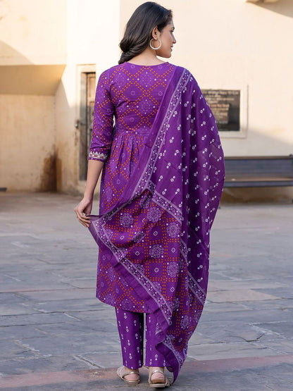 Dhiyona KL Bandhani Printed Thread Work Pure Cotton A-Line Kurta With Trouser & Dupatta