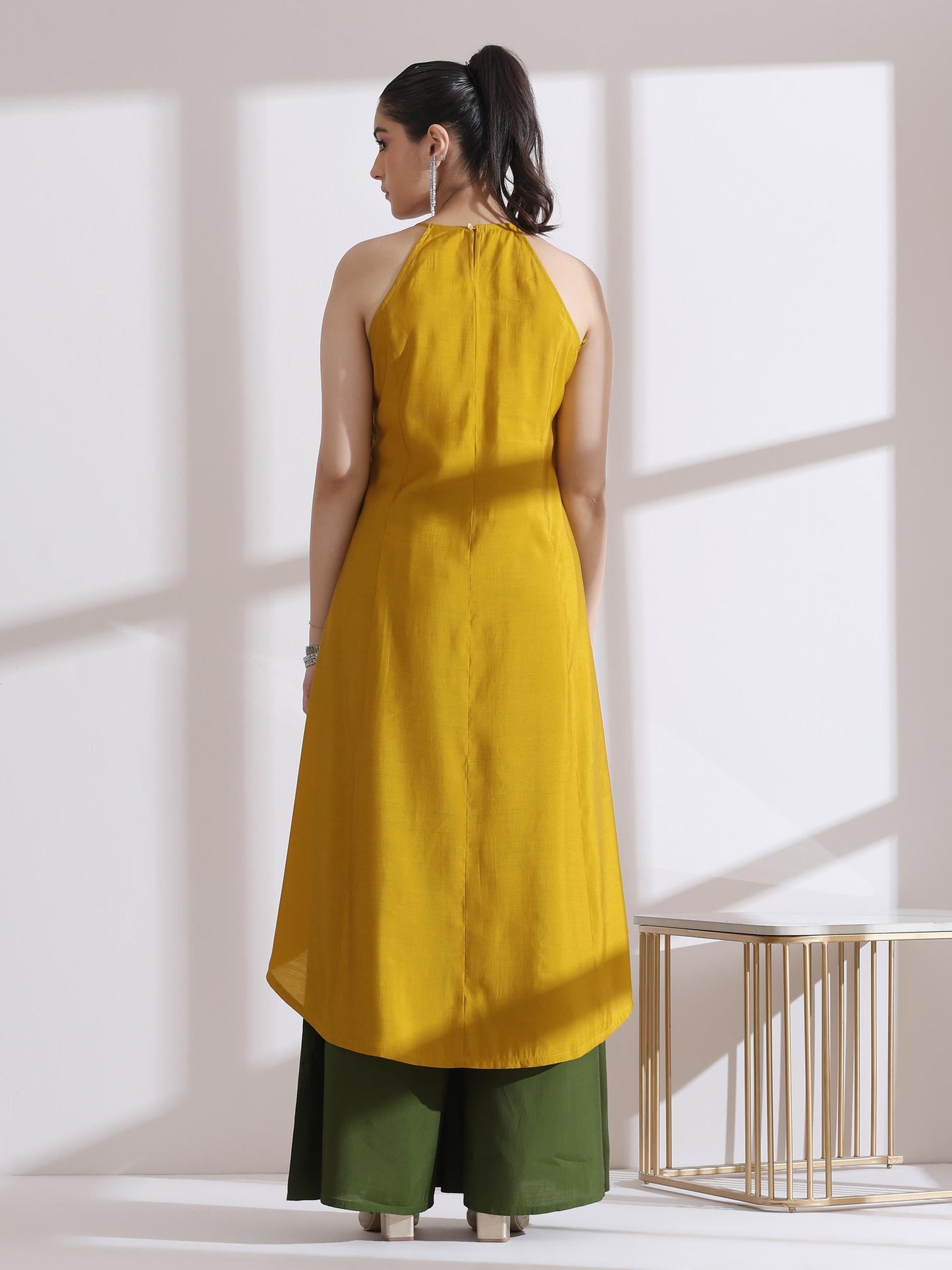 Dhiyona ST Women's Mustard Halter Kurta with Bronze Beads and Palazzo 2 Piece Set | Straight Fit, Halter Neck, Sleeveless,  Festive Wear, Casual (AirSkin Cotton Silk Blend)