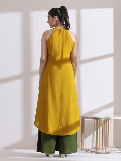 Dhiyona ST Women's Mustard Halter Kurta with Bronze Beads and Palazzo 2 Piece Set | Straight Fit, Halter Neck, Sleeveless,  Festive Wear, Casual (AirSkin Cotton Silk Blend)