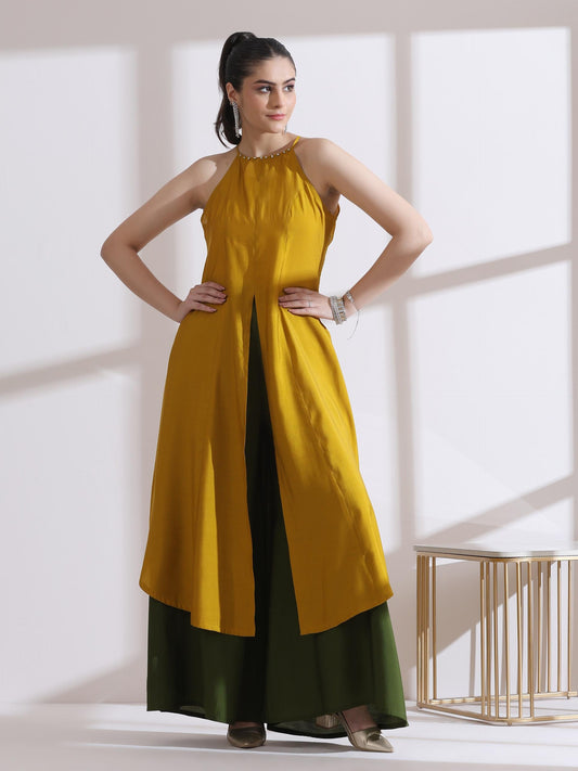 Dhiyona ST Women's Mustard Halter Kurta with Bronze Beads and Palazzo 2 Piece Set | Straight Fit, Halter Neck, Sleeveless,  Festive Wear, Casual (AirSkin Cotton Silk Blend)