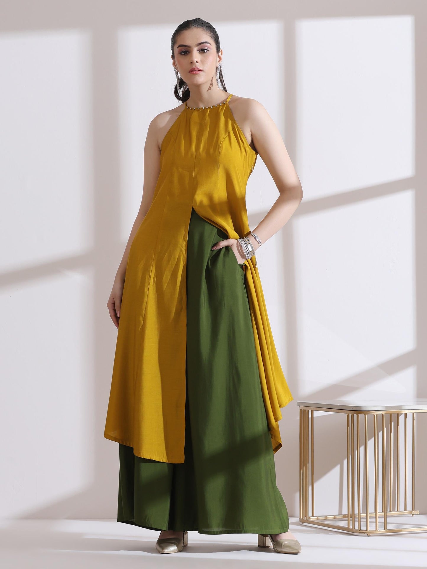 Dhiyona ST Women's Mustard Halter Kurta with Bronze Beads and Palazzo 2 Piece Set | Straight Fit, Halter Neck, Sleeveless,  Festive Wear, Casual (AirSkin Cotton Silk Blend)