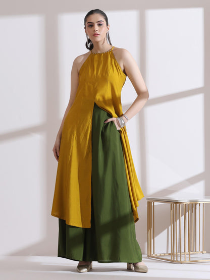 Dhiyona ST Women's Mustard Halter Kurta with Bronze Beads and Palazzo 2 Piece Set | Straight Fit, Halter Neck, Sleeveless,  Festive Wear, Casual (AirSkin Cotton Silk Blend)