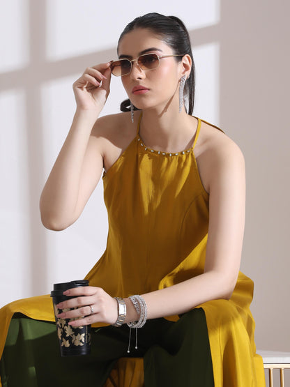 Dhiyona ST Women's Mustard Halter Kurta with Bronze Beads and Palazzo 2 Piece Set | Straight Fit, Halter Neck, Sleeveless,  Festive Wear, Casual (AirSkin Cotton Silk Blend)
