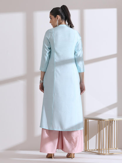 Dhiyona ST Women's Light Blue Long Opening Kurta with Beads and Pink Palazzo 2 Piece Set | A-Line, Round Neck, 3/4 Sleeves, Festive Wear, Casual (AirSkin Cotton Silk Blend)
