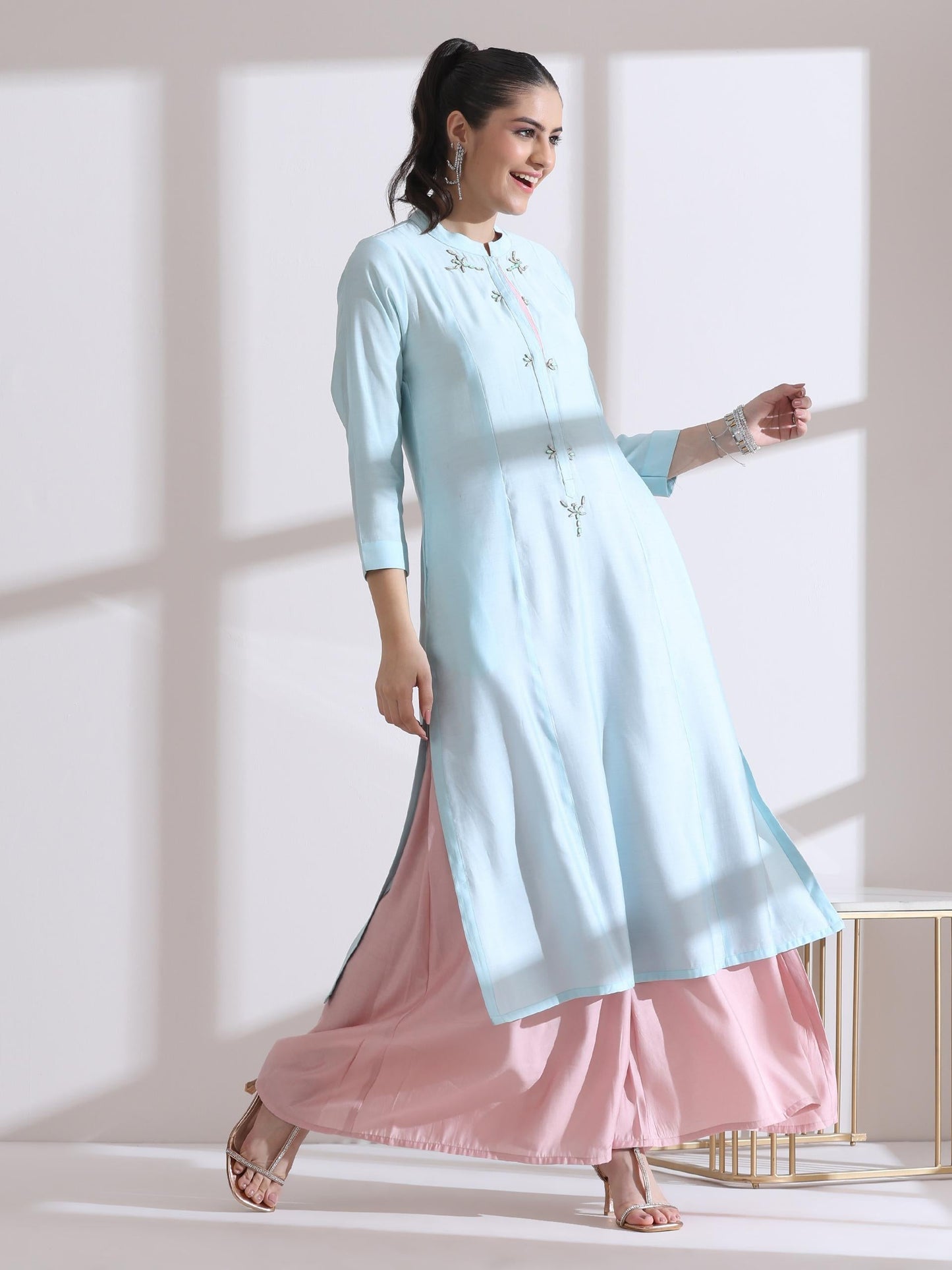 Dhiyona ST Women's Light Blue Long Opening Kurta with Beads and Pink Palazzo 2 Piece Set | A-Line, Round Neck, 3/4 Sleeves, Festive Wear, Casual (AirSkin Cotton Silk Blend)