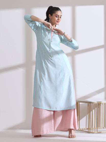 Dhiyona ST Women's Light Blue Long Opening Kurta with Beads and Pink Palazzo 2 Piece Set | A-Line, Round Neck, 3/4 Sleeves, Festive Wear, Casual (AirSkin Cotton Silk Blend)
