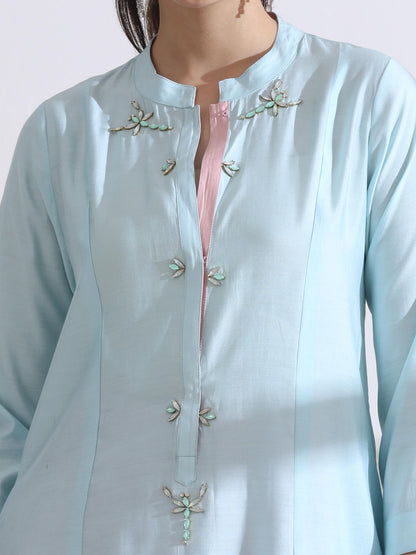 Dhiyona ST Women's Light Blue Long Opening Kurta with Beads and Pink Palazzo 2 Piece Set | A-Line, Round Neck, 3/4 Sleeves, Festive Wear, Casual (AirSkin Cotton Silk Blend)