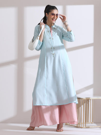 Dhiyona ST Women's Light Blue Long Opening Kurta with Beads and Pink Palazzo 2 Piece Set | A-Line, Round Neck, 3/4 Sleeves, Festive Wear, Casual (AirSkin Cotton Silk Blend)