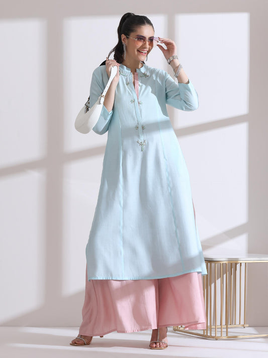 Dhiyona ST Women's Light Blue Long Opening Kurta with Beads and Pink Palazzo 2 Piece Set | A-Line, Round Neck, 3/4 Sleeves, Festive Wear, Casual (AirSkin Cotton Silk Blend)