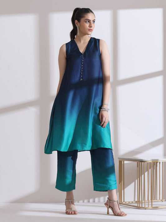 Dhiyona ST Women's Green and Blue Chiffon Satin Ombre Sleeveless Kurta with Beads and Pants 2 Piece Set | Straight Fit, V Neck, Sleeveless, Partywear, (Chiffon Satin)