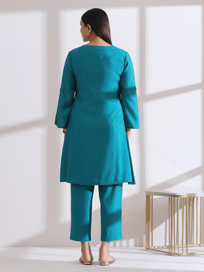 Dhiyona ST Women's Aqua Blue Short Kurta with Bronze Beads and Pants 2 Piece Set | Straight Fit, Round Neck, 3/4 Sleeves, Work Wear, (AirSkin Cotton Silk Blend)