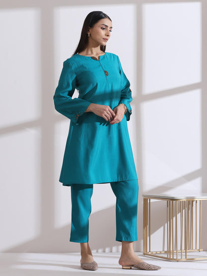 Dhiyona ST Women's Aqua Blue Short Kurta with Bronze Beads and Pants 2 Piece Set | Straight Fit, Round Neck, 3/4 Sleeves, Work Wear, (AirSkin Cotton Silk Blend)