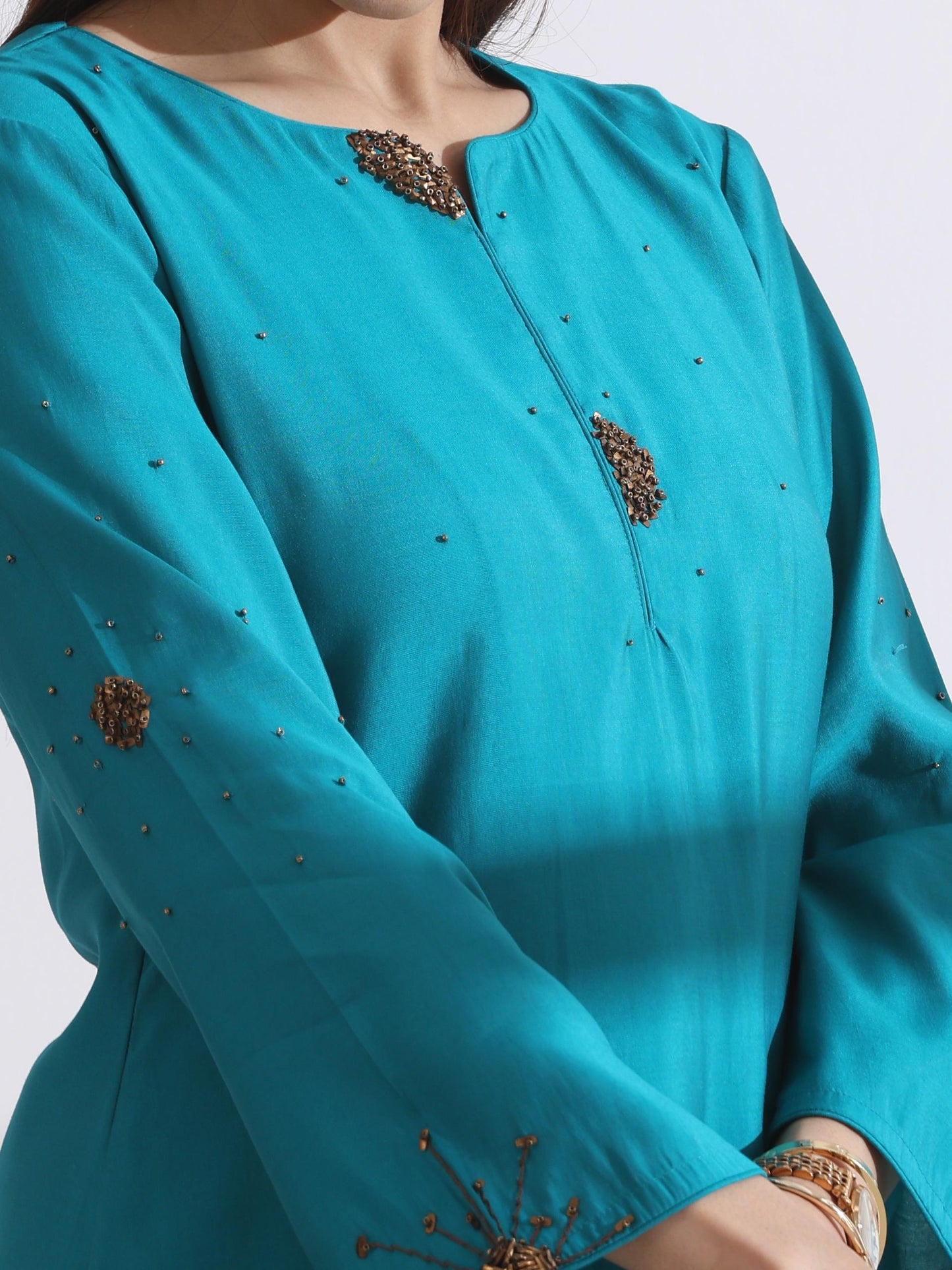 Dhiyona ST Women's Aqua Blue Short Kurta with Bronze Beads and Pants 2 Piece Set | Straight Fit, Round Neck, 3/4 Sleeves, Work Wear, (AirSkin Cotton Silk Blend)