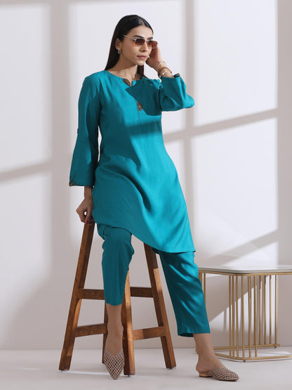Dhiyona ST Women's Aqua Blue Short Kurta with Bronze Beads and Pants 2 Piece Set | Straight Fit, Round Neck, 3/4 Sleeves, Work Wear, (AirSkin Cotton Silk Blend)