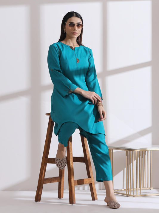 Dhiyona ST Women's Aqua Blue Short Kurta with Bronze Beads and Pants 2 Piece Set | Straight Fit, Round Neck, 3/4 Sleeves, Work Wear, (AirSkin Cotton Silk Blend)