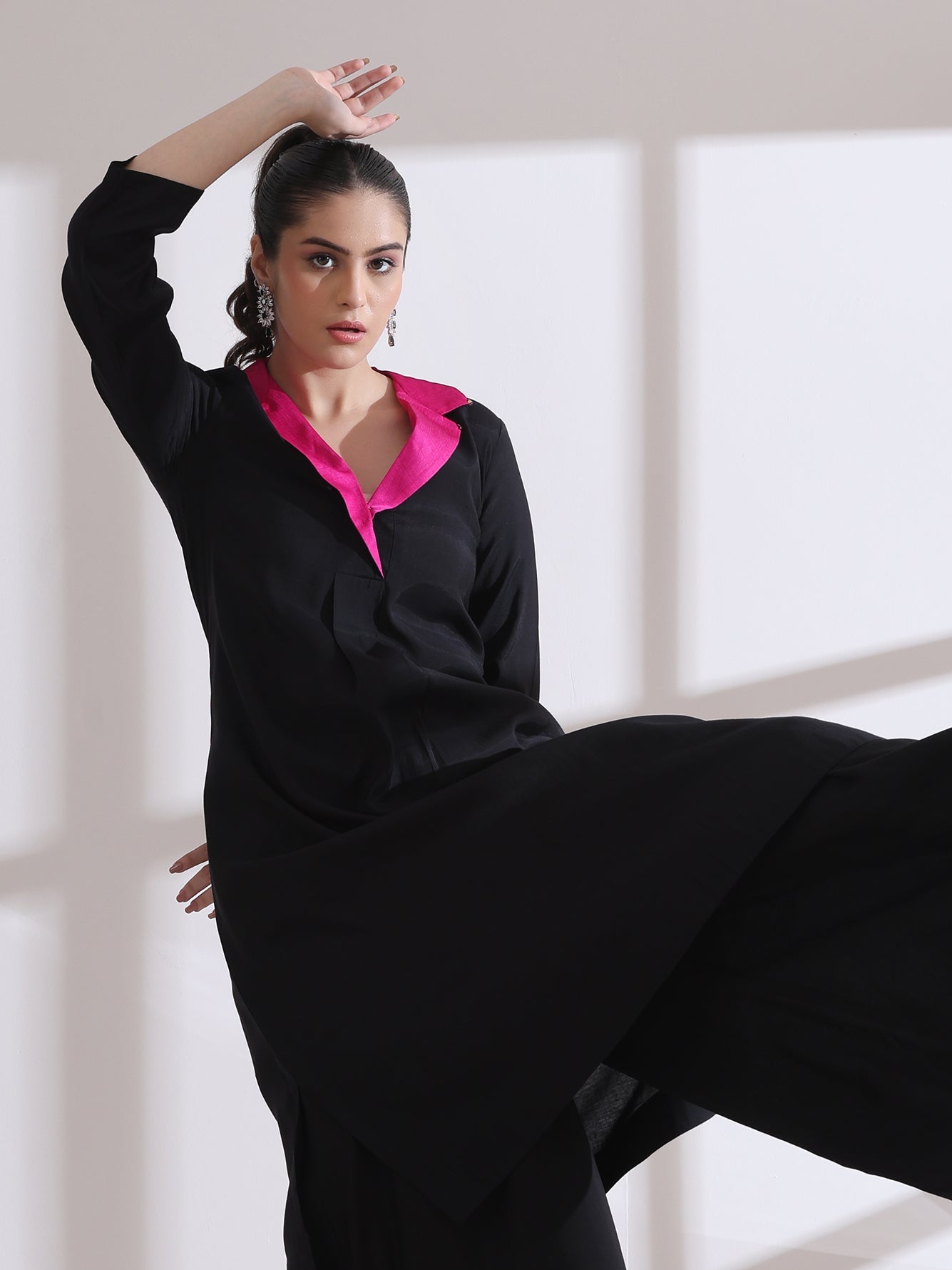 Dhiyona ST Women's Black and Fuchsia Kurta with Gold Point Collar 1 Pc | Straight Fit, Collar Neck, 3/4 Sleeves, Workwear Wear, (AirSkin Cotton Silk Blend)