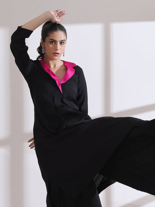 Dhiyona ST Women's Black and Fuchsia Kurta with Gold Point Collar 1 Pc | Straight Fit, Collar Neck, 3/4 Sleeves, Workwear Wear, (AirSkin Cotton Silk Blend)