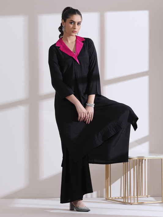 Dhiyona ST Women's Black Kurta with Fuchsia Gold Point Collar and Palazzo 2 Piece Set | Straight Fit, V Neck, 3/4 Sleeves, Work Wear, (AirSkin Cotton Silk Blend)