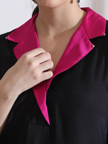 Dhiyona ST Women's Black Kurta with Fuchsia Gold Point Collar and Palazzo 2 Piece Set | Straight Fit, V Neck, 3/4 Sleeves, Work Wear, (AirSkin Cotton Silk Blend)