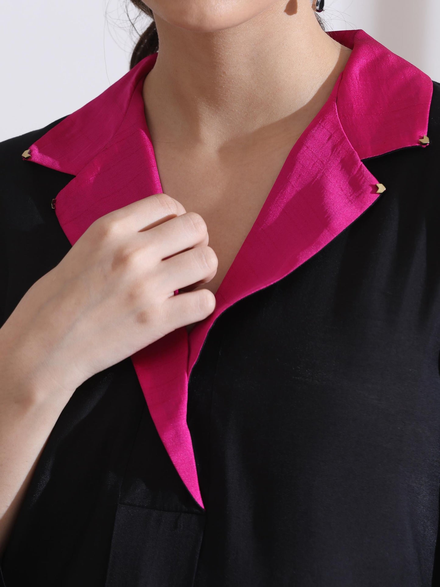 Dhiyona ST Women's Black and Fuchsia Kurta with Gold Point Collar 1 Pc | Straight Fit, Collar Neck, 3/4 Sleeves, Workwear Wear, (AirSkin Cotton Silk Blend)