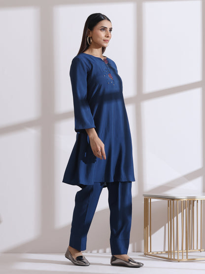 Dhiyona ST Women's Navy Blue Kurta Set with Hand Embroidery & Pants