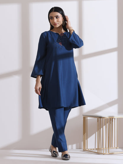 Dhiyona ST Women's Navy Blue Kurta Set with Hand Embroidery & Pants