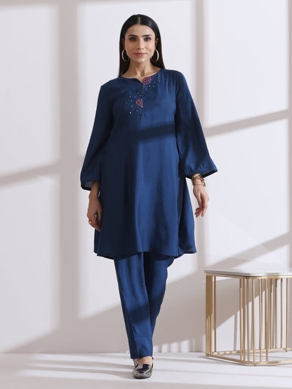 Dhiyona ST Women's Navy Blue Kurta Set with Hand Embroidery & Pants