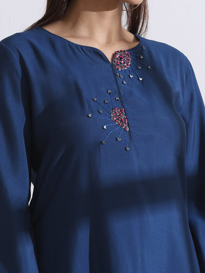 Dhiyona ST Women's Navy Blue Kurta Set with Hand Embroidery & Pants