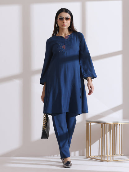 Dhiyona ST Women's Navy Blue Kurta Set with Hand Embroidery & Pants