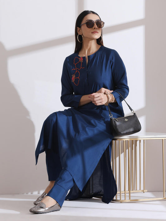 Dhiyona ST Women's Navy Blue Handmade Flower Kurta with Pants 2 Piece Set | A-Line, Round Neck, 3/4 Sleeves, Work Wear, (AirSkin Cotton Silk Blend)