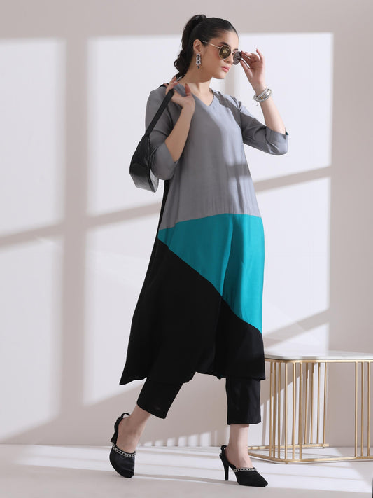 Dhiyona ST Women's Black and Blue Triangle Kurta with Pants 2 Piece Set | Straight Fit, V Neck, 3/4 Sleeves, Workwear, (AirSkin Cotton Silk Blend)