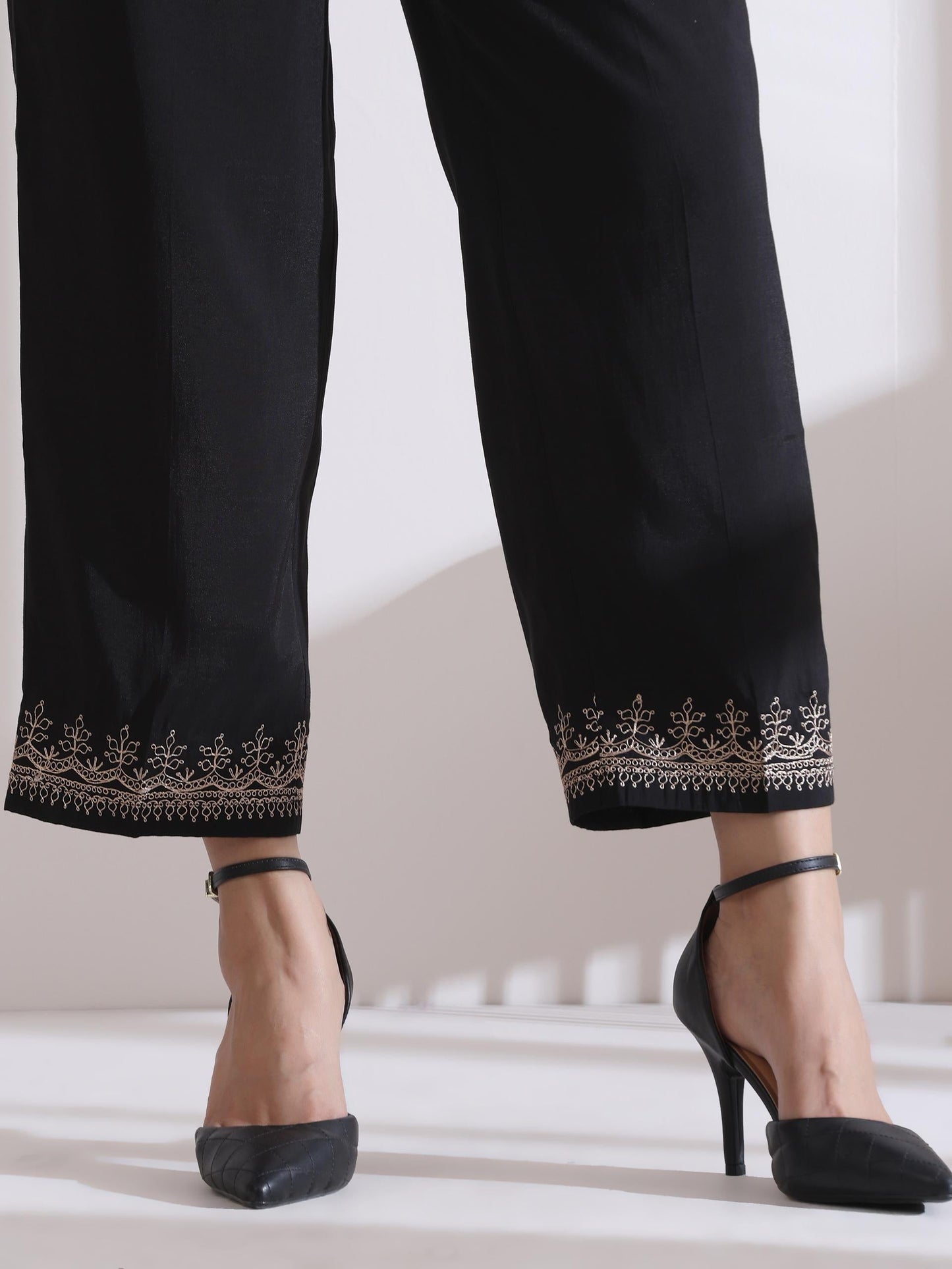Dhiyona ST Women's Black Kurta with Embroidery on Sleeve and Pants 2 Piece Set | A-Line, Anarkali, V Neck, 3/4 Sleeves, Work Wear, (AirSkin Cotton Silk Blend)