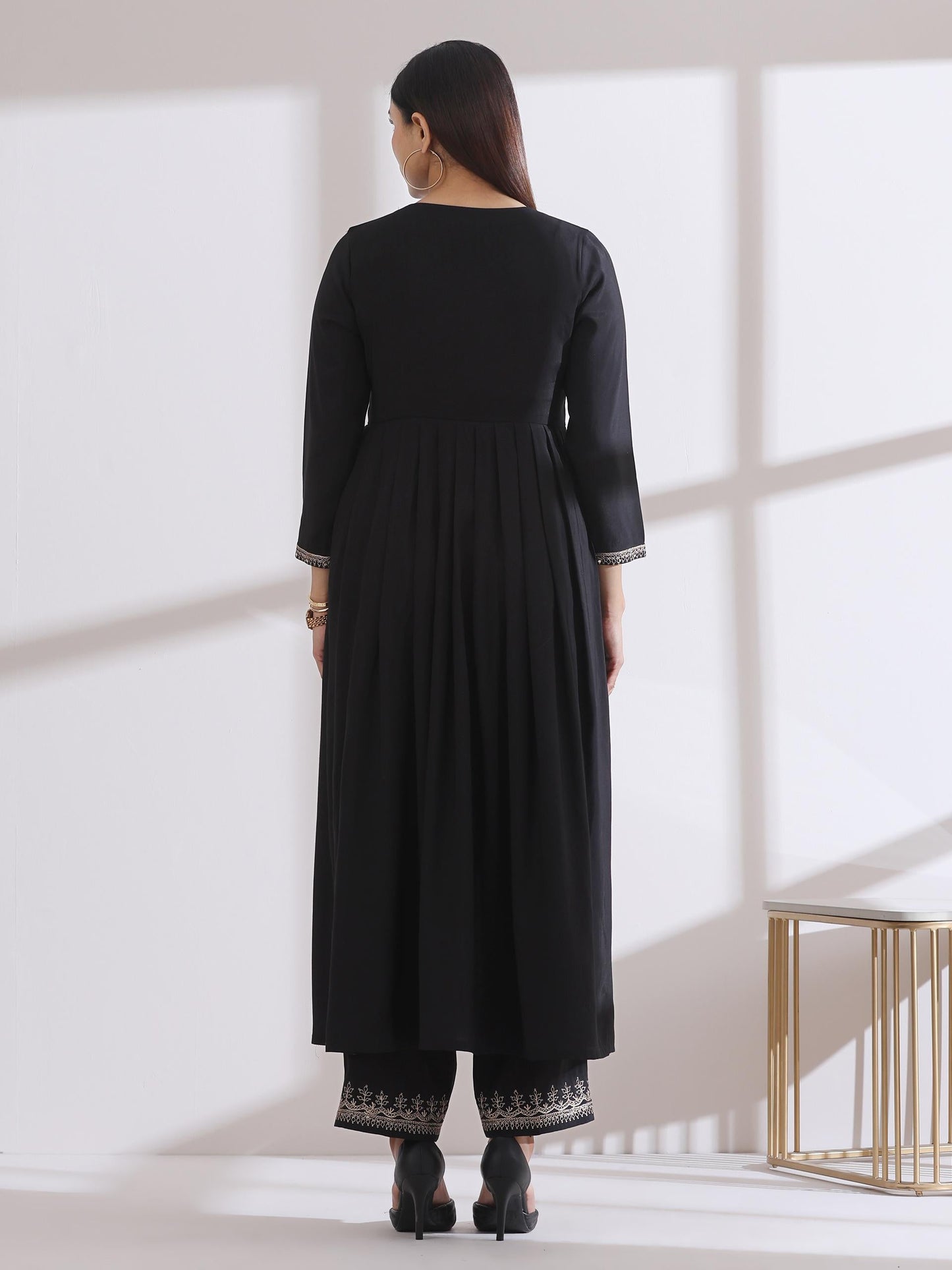 Dhiyona ST Women's Black Kurta with Embroidery on Sleeve and Pants 2 Piece Set | A-Line, Anarkali, V Neck, 3/4 Sleeves, Work Wear, (AirSkin Cotton Silk Blend)