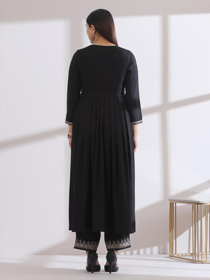 Dhiyona ST Women's Black Kurta with Embroidery on Sleeve and Pants 2 Piece Set | A-Line, Anarkali, V Neck, 3/4 Sleeves, Work Wear, (AirSkin Cotton Silk Blend)