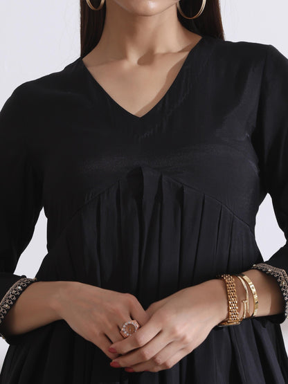 Dhiyona ST Women's Black Kurta with Embroidery on Sleeve and Pants 2 Piece Set | A-Line, Anarkali, V Neck, 3/4 Sleeves, Work Wear, (AirSkin Cotton Silk Blend)