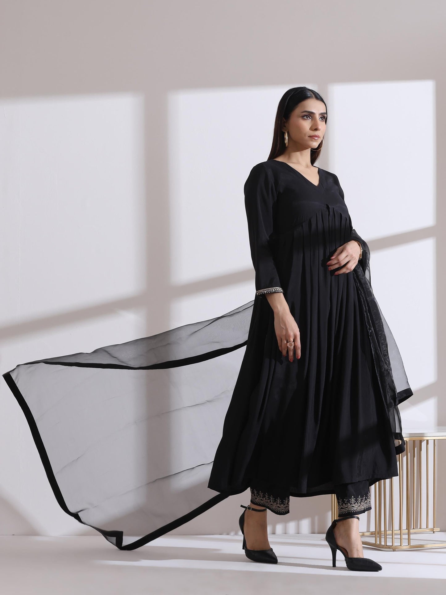 Dhiyona ST Women's Black Kurta with Embroidery on Sleeve and Pants 2 Piece Set | A-Line, Anarkali, V Neck, 3/4 Sleeves, Work Wear, (AirSkin Cotton Silk Blend)