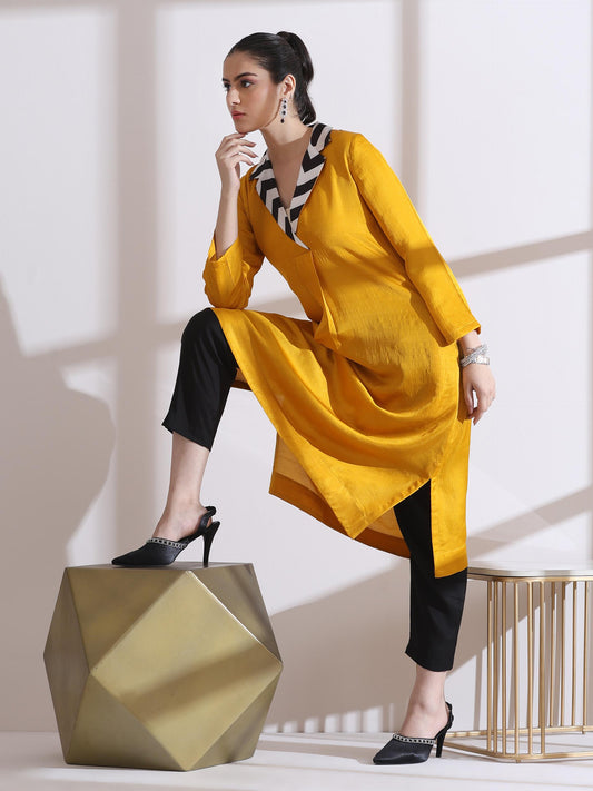 Dhiyona ST Women's Mustard Kurta with Striped Collar and Pants 2 Piece Set | Straight Fit, V Neck, 3/4 Sleeves, Workwear, (Lux Fabric)