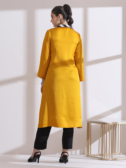 Dhiyona ST Women's Mustard Kurta with Striped Collar 1 Piece | Straight Fit, Collar Neck, 3/4 Sleeves, Workwear, (PRF'T Lux Duchess Satin Texture)
