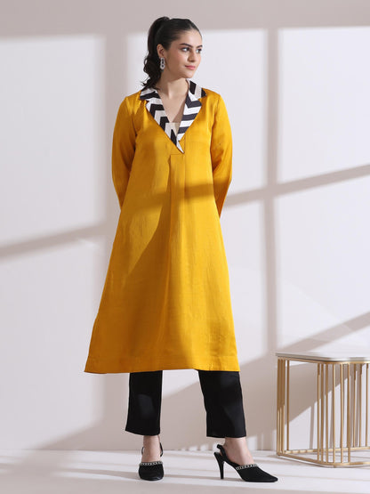 Dhiyona ST Women's Mustard Kurta with Striped Collar 1 Piece | Straight Fit, Collar Neck, 3/4 Sleeves, Workwear, (PRF'T Lux Duchess Satin Texture)
