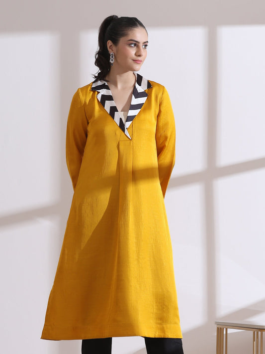 Dhiyona ST Women's Mustard Kurta with Striped Collar 1 Piece | Straight Fit, Collar Neck, 3/4 Sleeves, Workwear, (PRF'T Lux Duchess Satin Texture)