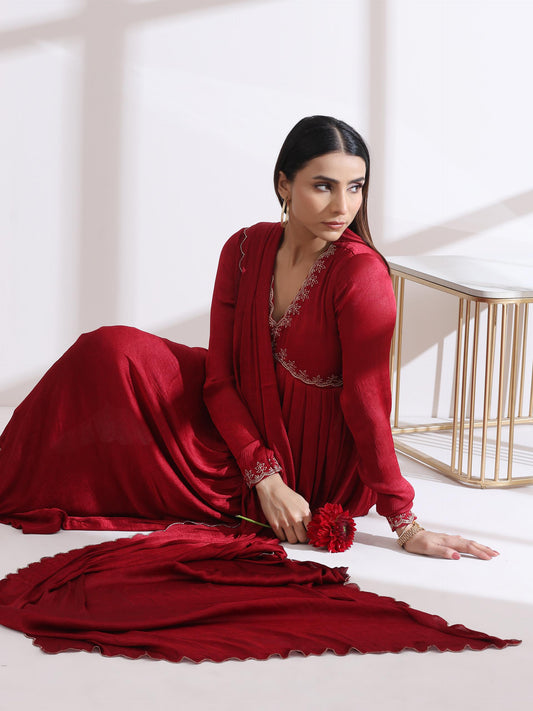 Dhiyona ST Women's Dual Shade Maroon Butter Chiffon Anarkali Kurta with Matching Pants and Embroidered Dupatta 3 Piece Set | Anarkali, V Neck, Full Sleeves, Festive Wear, (Butter Chiffon)